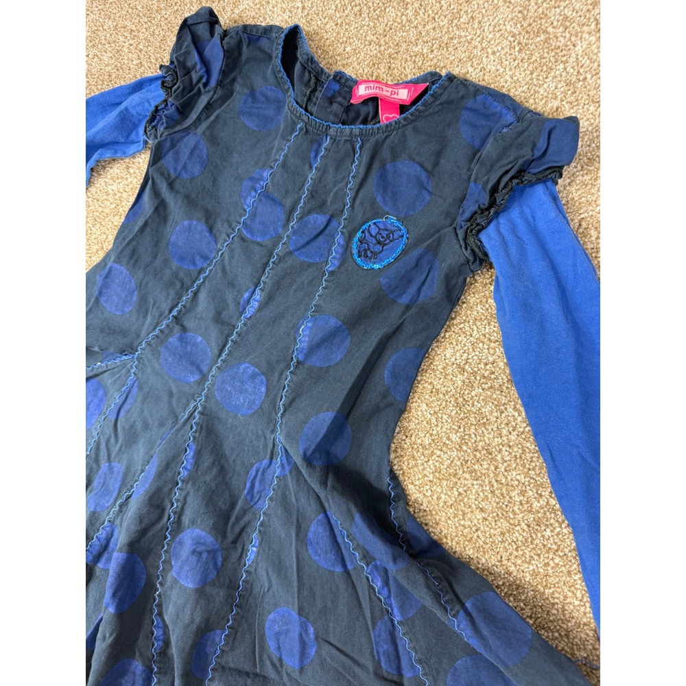 Mim-pi Girls Blue Polka Dot Long Sleeve Dress Sequin Elephant Patch 6Y 116 Artsy